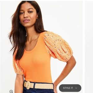 NWT LOFT Eyelet Puff Sleeve Mixed Media Top